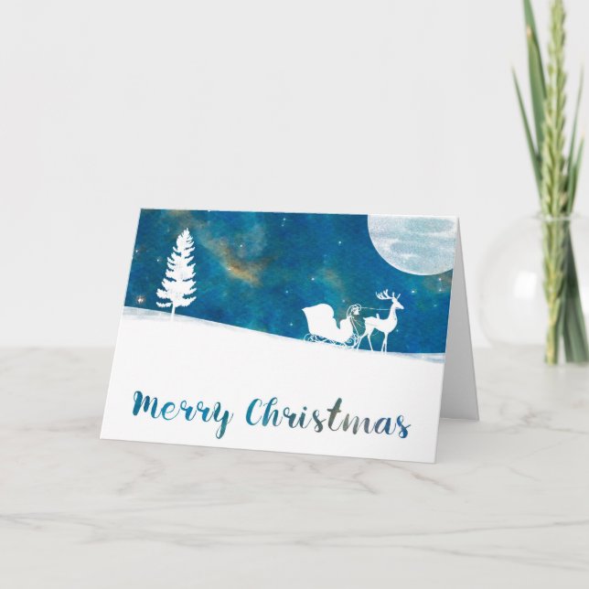 Snowy Sleigh Ride Aurora Borealis Merry Christmas Holiday Card (Front)