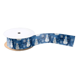 Snowy Snowmen Blue Winter Christmas Pattern Satin Ribbon
