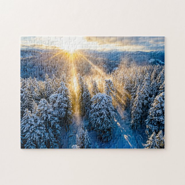 Snowy spruce forest from aerial view jigsaw puzzle (Horizontal)
