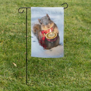 Snowy Squirrel Holding Candle Garden Flag
