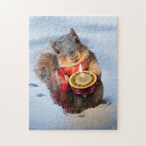 Snowy Squirrel Holding Candle Jigsaw Puzzle