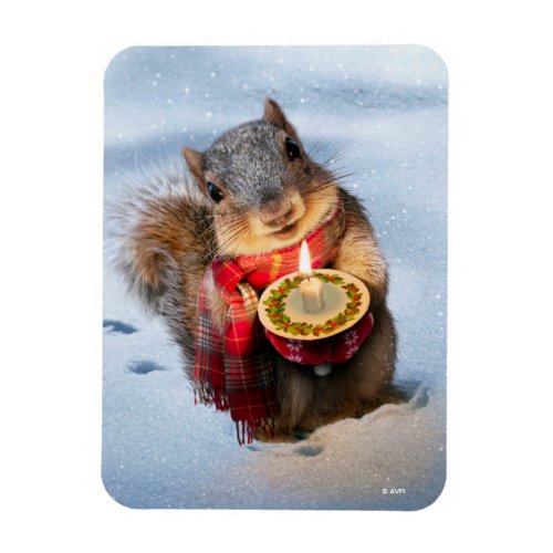 Snowy Squirrel Holding Candle Magnet