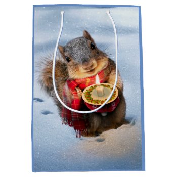 Snowy Squirrel Holding Candle Medium Gift Bag by AvantiPress at Zazzle