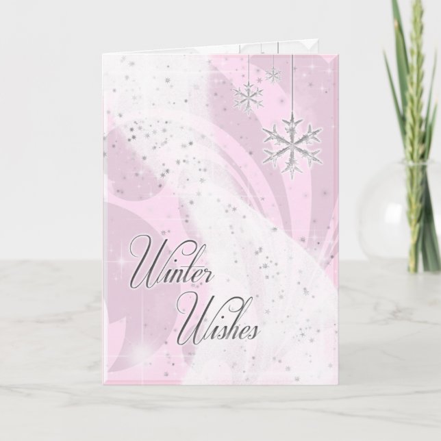 Snowy Star Ribbon (pink) Holiday Card (Front)