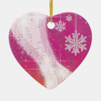 Snowy Star Ribbon (pink & yellow) customize Ceramic Ornament