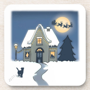 Snowy, Starry Night, with Cat and Santa Sleigh  Beverage Coaster