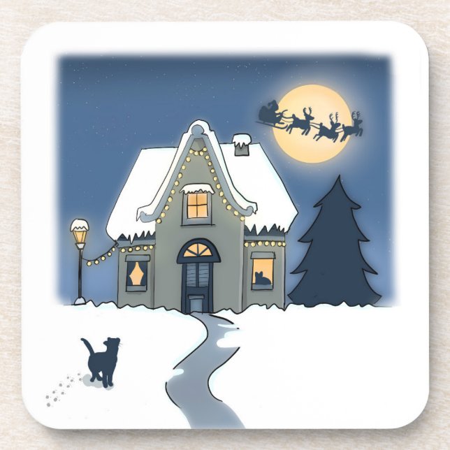Snowy, Starry Night, with Cat and Santa Sleigh  Beverage Coaster (Front)