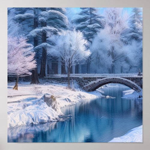 Snowy Stone Bridge Serene Winter Landscape Poster