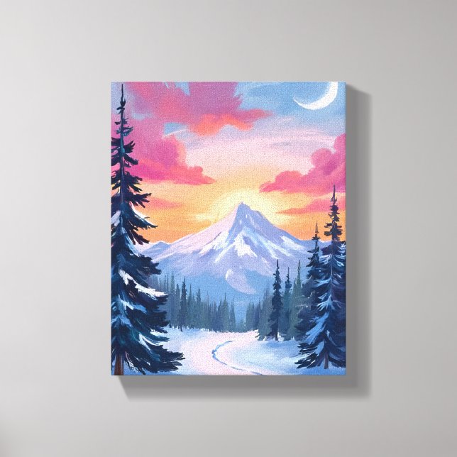 Snowy Summit Sunset | Winter Landscape Painting Canvas Print (Front)