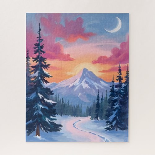 Snowy Summit Sunset | Winter Landscape Painting Jigsaw Puzzle