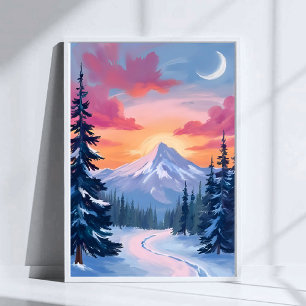 Snowy Summit Sunset Winter Landscape Painting Poster