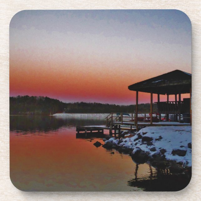 Snowy Sunset at Lake Arrowhead dock Beverage Coaster (Front)