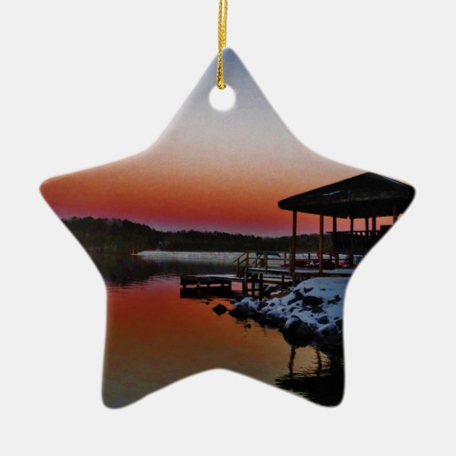 Snowy Sunset at Lake Arrowhead dock Ceramic Ornament (Front)