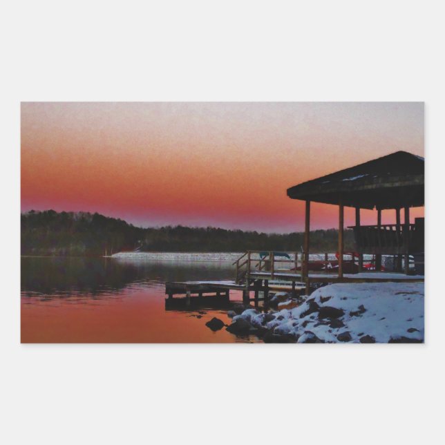 Snowy Sunset at Lake Arrowhead dock Rectangular Sticker (Front)