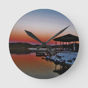 Snowy Sunset at Lake Arrowhead dock Round Clock