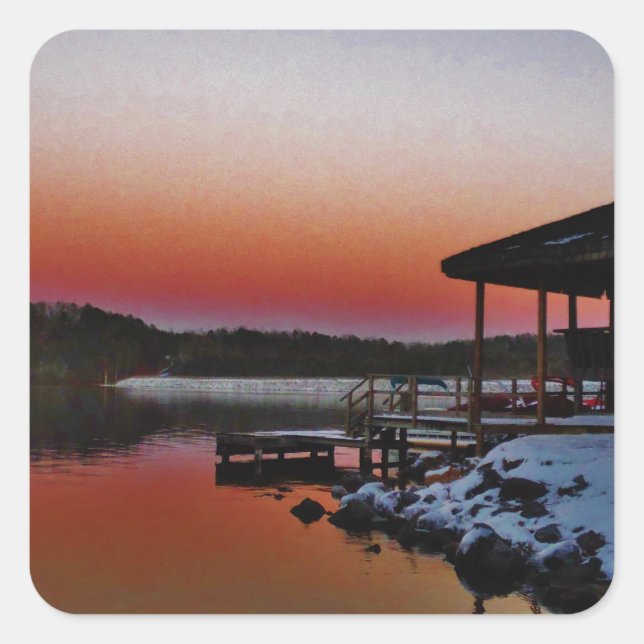 Snowy Sunset at Lake Arrowhead dock Square Sticker (Front)