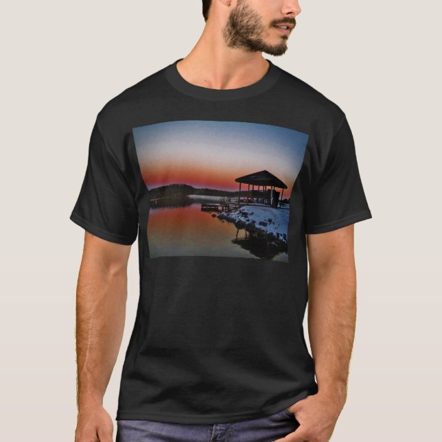 Snowy Sunset at Lake Arrowhead dock T-Shirt (Front)