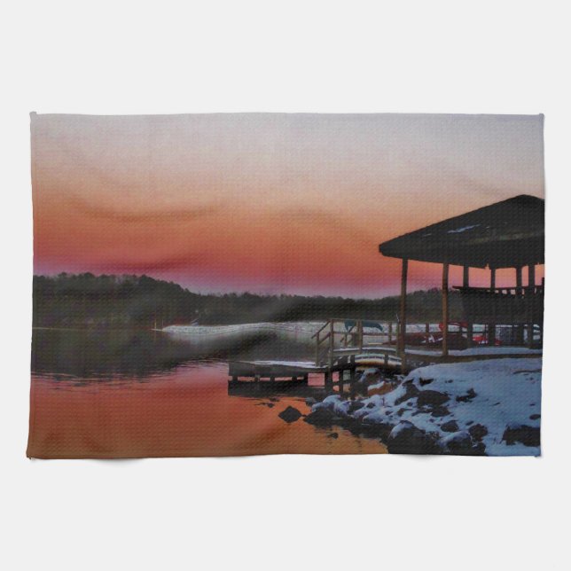 Snowy Sunset at Lake Arrowhead dock Towel (Horizontal)
