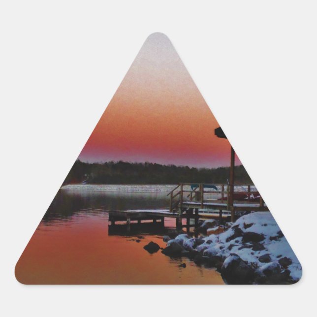 Snowy Sunset at Lake Arrowhead dock Triangle Sticker (Front)