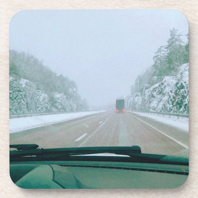 Snowy Swedish Road Trip Beverage Coaster (Front)
