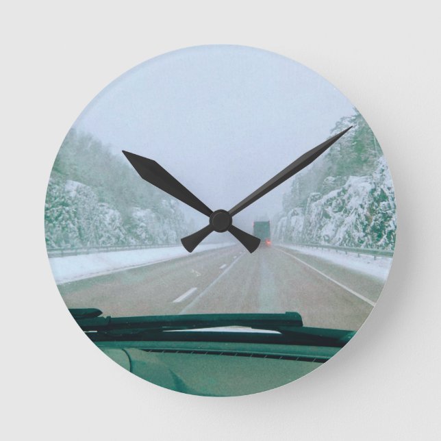 Snowy Swedish Road Trip Round Clock (Front)