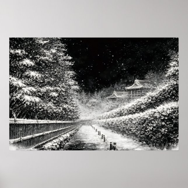 Snowy Temple Path at Night – Japanese Zen Wall Art (Front)
