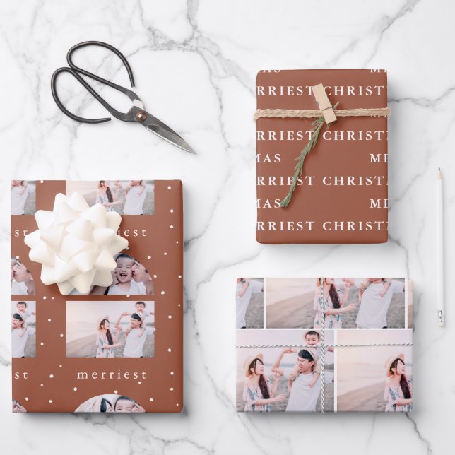 Snowy Terracotta Merriest Christmas Photo Wrapping Paper Sheets (Front)