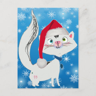 Snowy the Cat with Santa Hat Holiday Postcard
