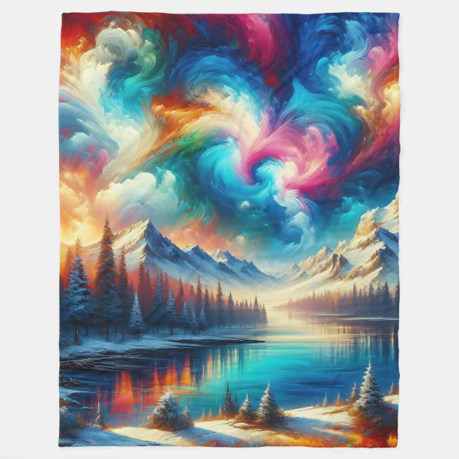 “Snowy Tie-Dye Landscape - Vibrant Winter Art” Fleece Blanket (Front)