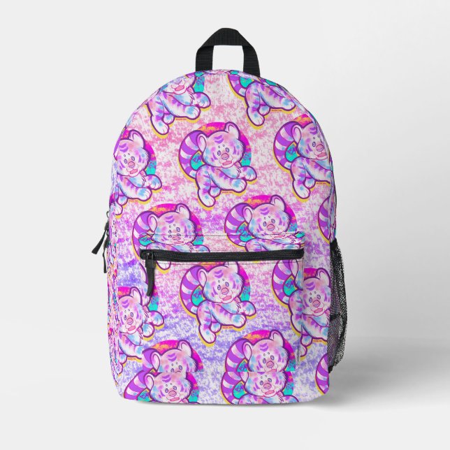 Snowy Tiger Cute Neon Kidcore Printed Backpack (Front)