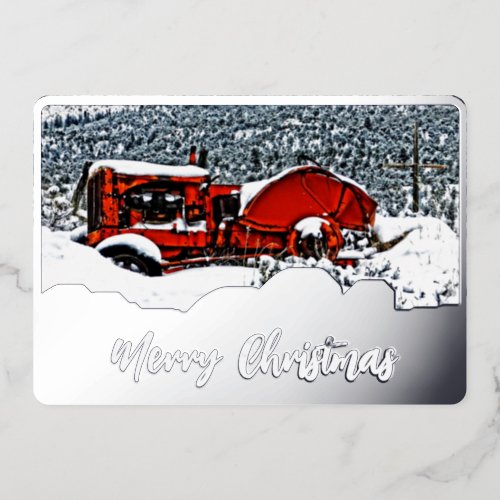Snowy Tractor Christmas  Foil Holiday Card