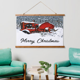 Snowy Tractor Christmas Hanging Tapestry