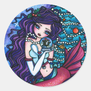 Snowy Treasures Christmas Fantasy Mermaid Orca Classic Round Sticker