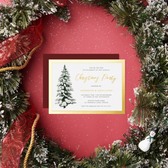 Snowy Tree Gold Border Corporate Christmas Party Foil Invitation (Insitu)