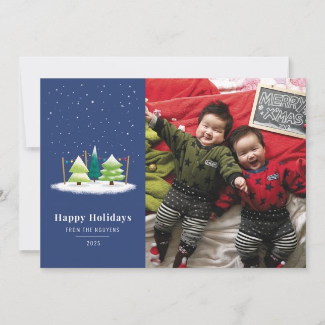 Snowy Tree Lot Night Holiday Card (Front)