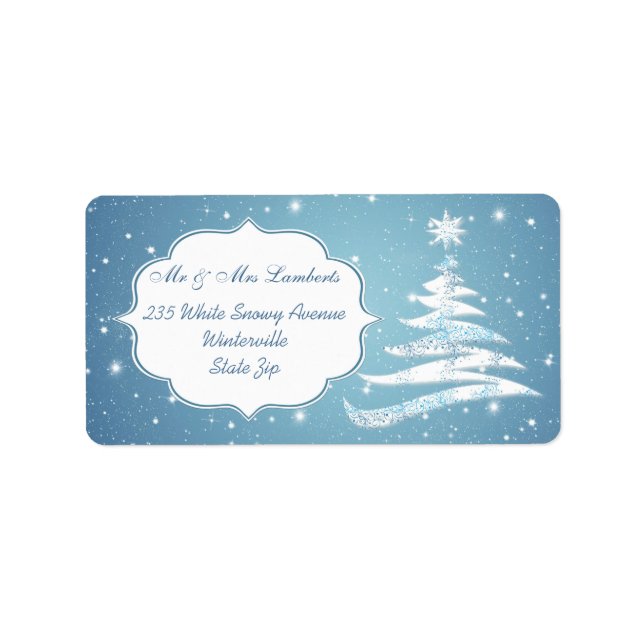 Snowy tree, snowflakes on blue Christmas Gift tag (Front)