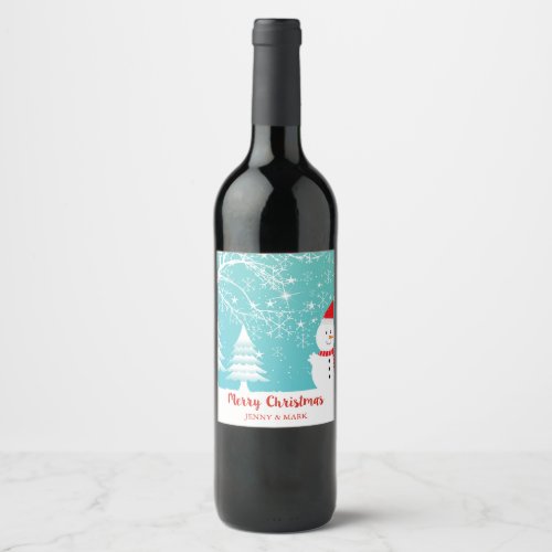Snowy Trees And Snowman Wine Label