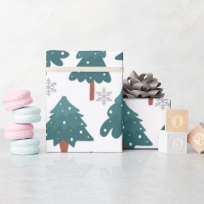 Snowy Trees &amp; Silver Snowflake Wrapping Paper