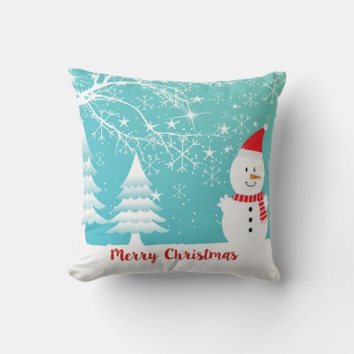 Snowy Trees Snowman And Snowflakes Throw Pillow