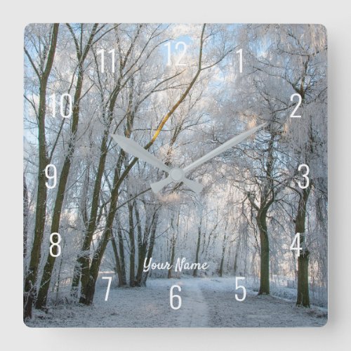 Snowy Trees Winter Forest Path Photo  Square Wall Clock