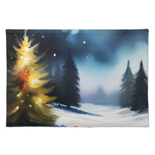 Snowy trees winter landscape painting cloth placemat