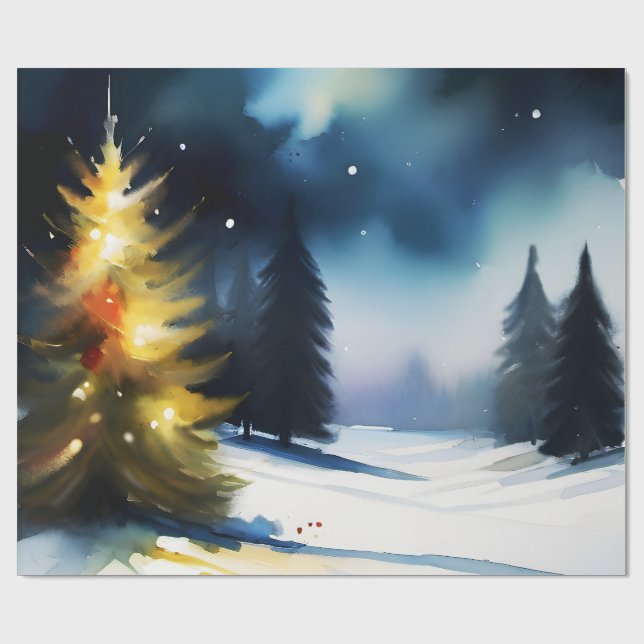 Snowy trees winter landscape painting wrapping paper (Flat)