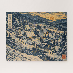 Snowy Village at Dusk Japanese Woodblock Puzzle