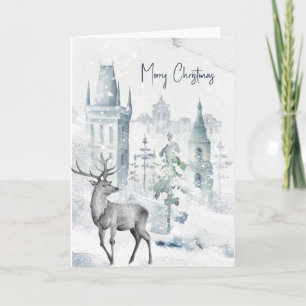 Snowy Village Deer Watercolor Merry Christmas Holiday Card