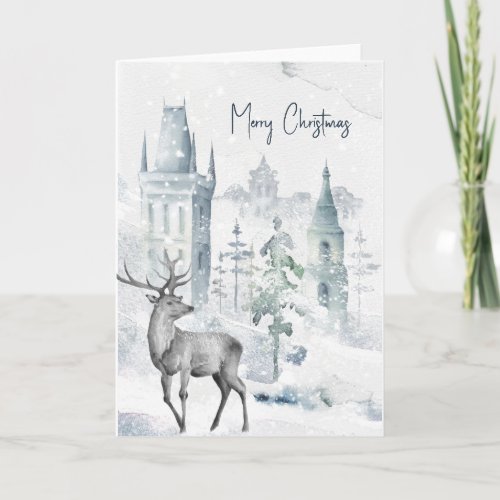 Snowy Village Deer Watercolor Merry Christmas  Holiday Card