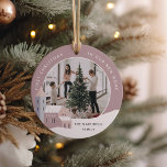 Snowy Village | First Christmas in Our New Home Ceramic Ornament<br><div class="desc">Celebrate your first Christmas in your new home with this beautiful custom holiday ornament featuring a sweet snowy village illustration in soft pastel tones. "First Christmas in Our New Home" curves around your photo, with the year inscribed on one of the village houses. Personalize with your family name, and add...</div>