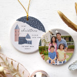 Snowy Village | First Christmas in Our New Home Ceramic Ornament<br><div class="desc">Celebrate your first Christmas in your new home with this beautiful custom holiday ornament featuring a sweet snowy village illustration in soft pastel tones. "First Christmas in Our New Home" appears in grey lettering, with the year inscribed on one of the village houses. Personalize with your family name, and add...</div>