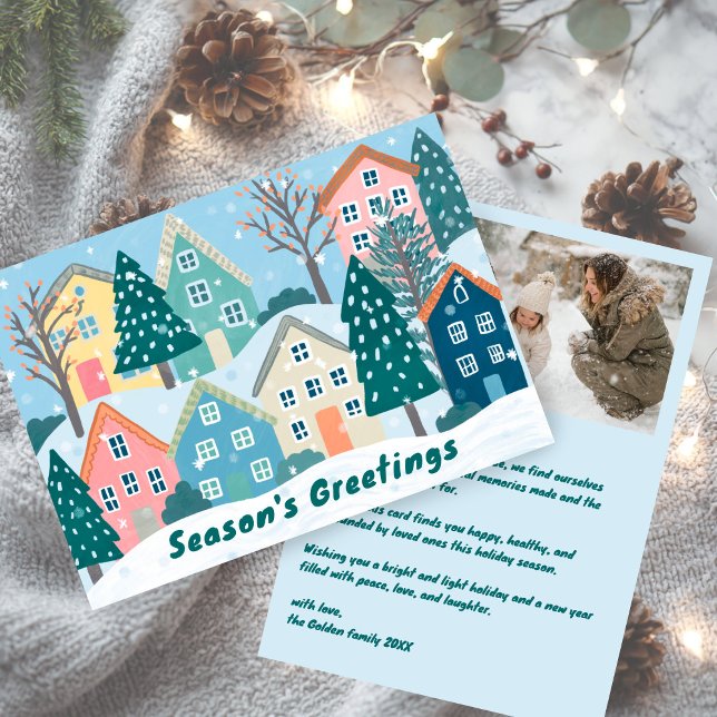 Snowy Village Illustration Cute CUSTOM Photo  Holiday Card (Snowy Winter Village Holiday Christmas CUSTOM Photo Flat Holiday Card
)