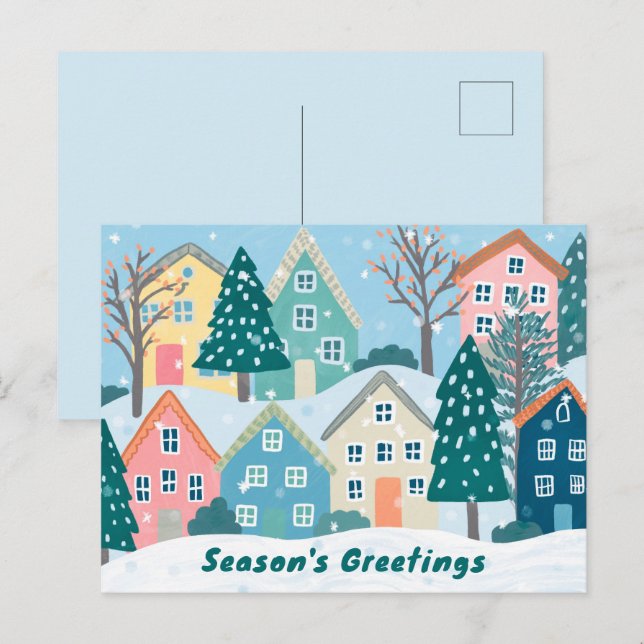 Snowy Village Illustration Cute Season's Greetings Holiday Postcard (Front/Back)