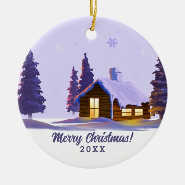 Snowy Village Painting Custom Year Christmas  Ceramic Ornament (Front)